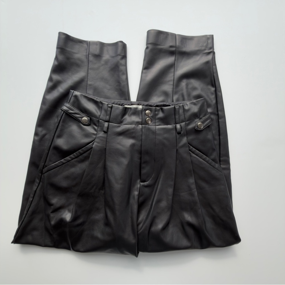 Anthropologie Maeve Faux Leather Black High-Waisted Taper Trousers Size 6 - Picture 7 of 11